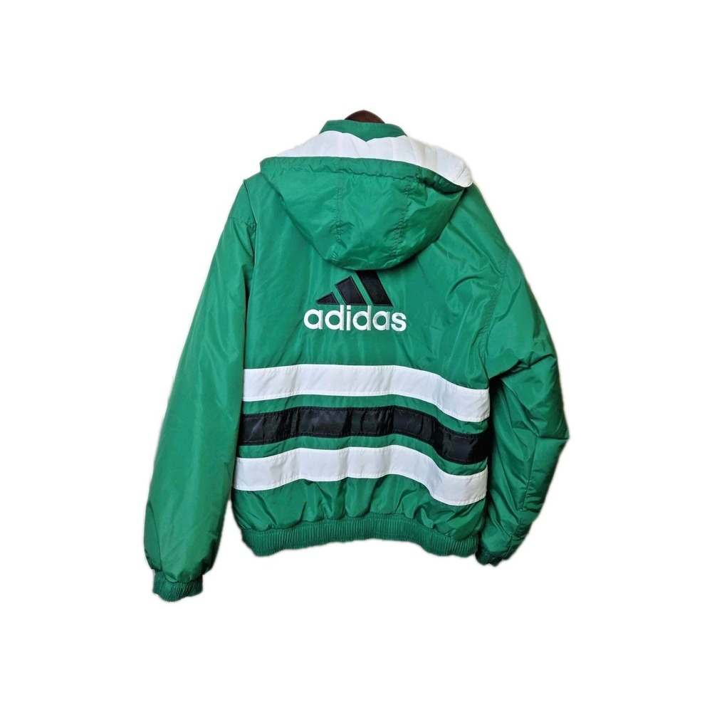 Vtg 90s ADIDAS Nylon Jacket Coat Puffer‎ Big Logo Green Hooded Streetwear Size L